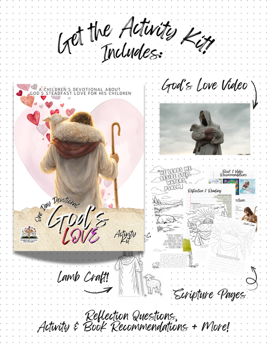 Children's activity kit with devotional, video, craft, and pages on a white background