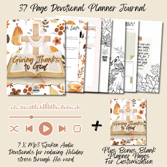 Printable Thanksgiving devotional with daily planners, Scripture reflections, and gratitude journal prompts.