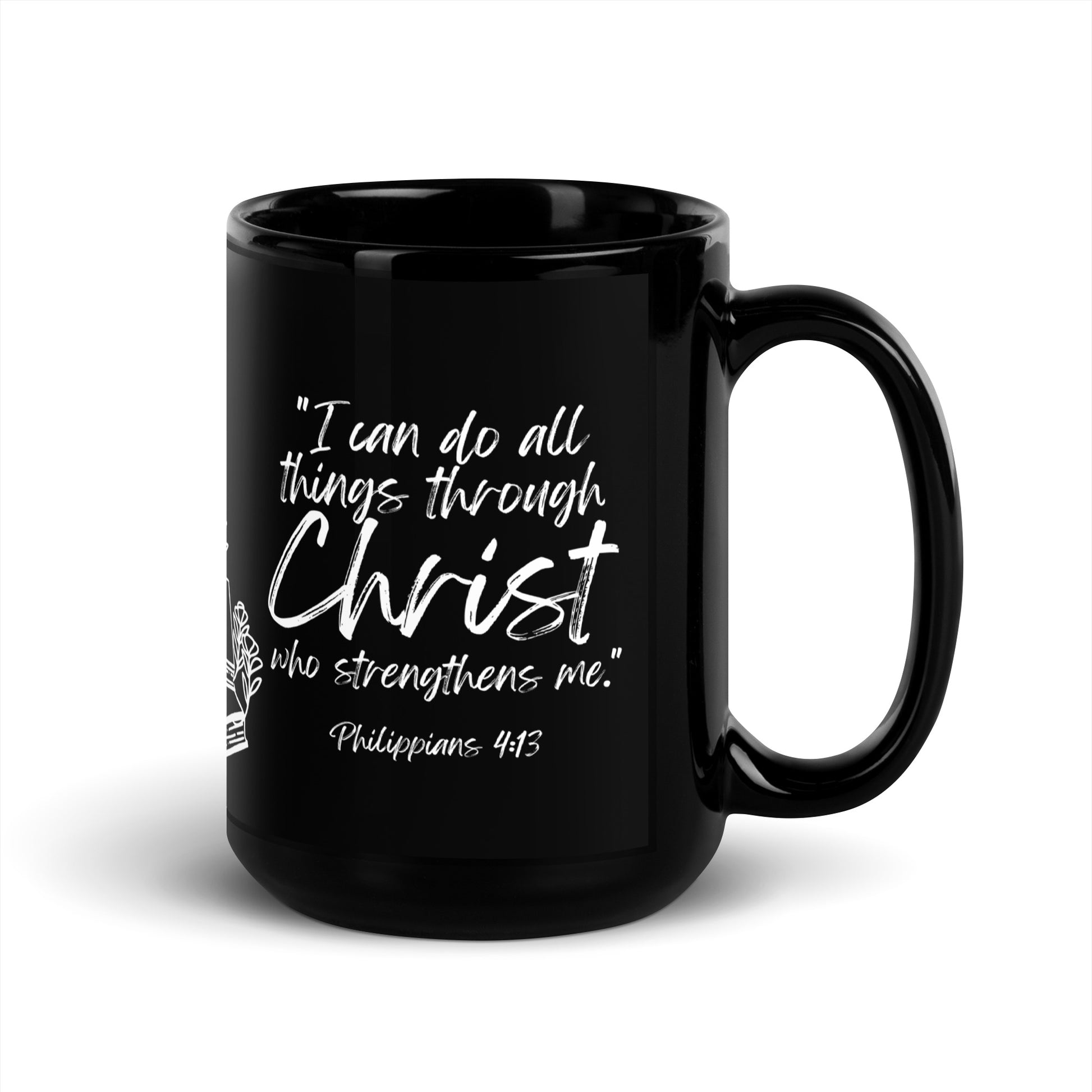 Philippians 4:13 homeschool mom mug with floral and book detail â Christian faith-inspired coffee cup.