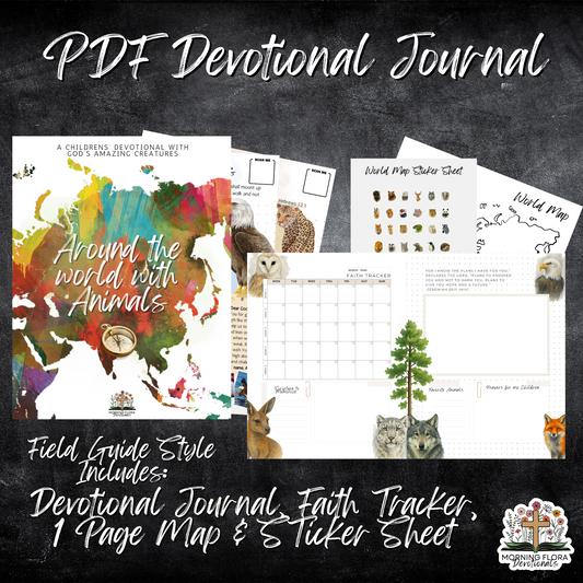PDF Devotional Journal with world map and animal illustrations on a dark background