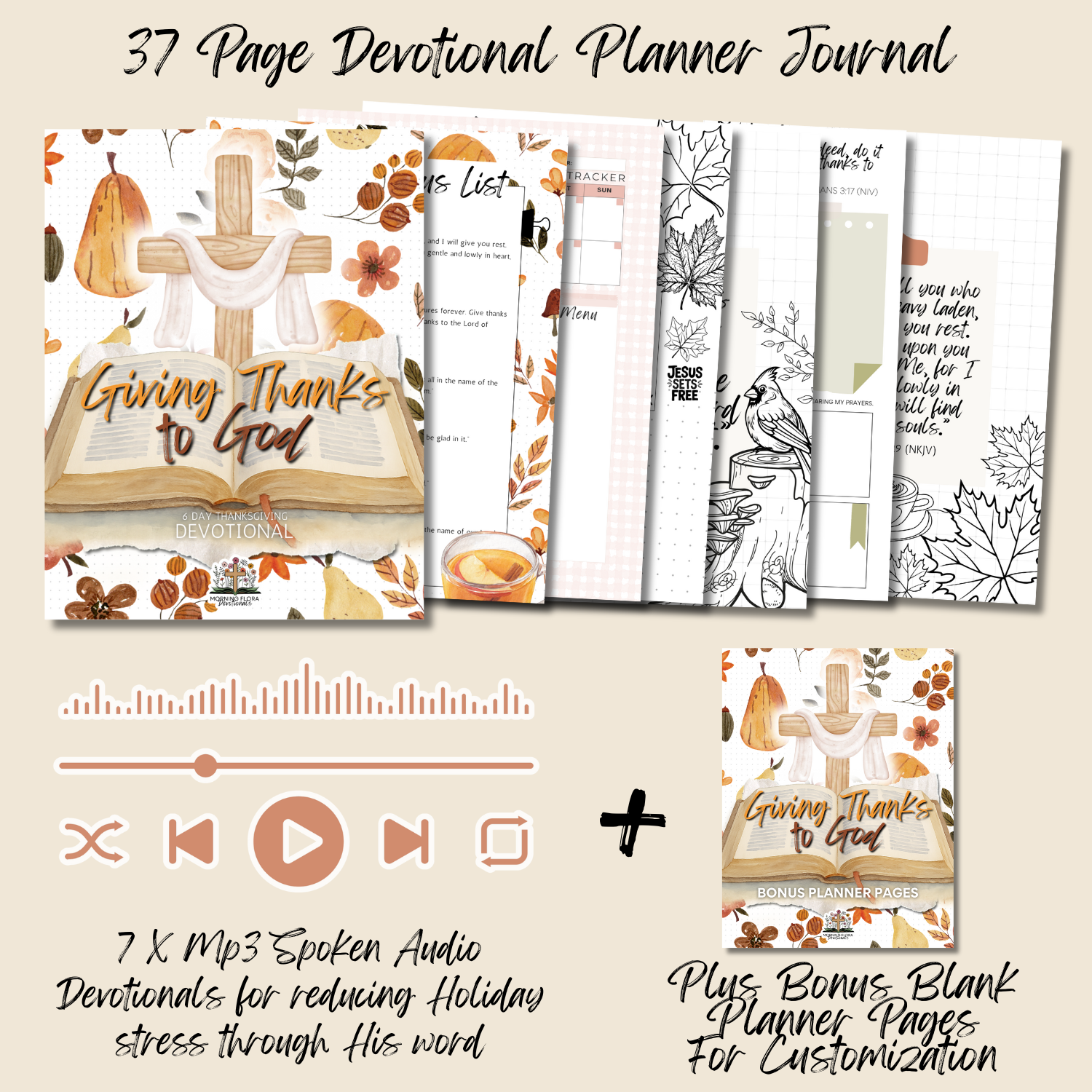 Printable Thanksgiving devotional with daily planners, Scripture reflections, and gratitude journal prompts.